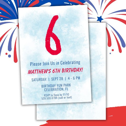 少年 水彩 青 6歳 誕生日 招待状