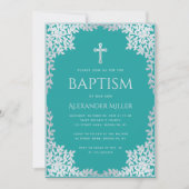 少年 洗礼 ターコイズ 偽銀 葉 ヴィンテージ 装飾的 招待状 (正面)