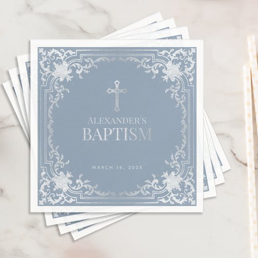 少年 洗礼 紺碧 エレガント 擬似銀色 十字架 スタンダードカクテルナプキン