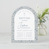 少年 洗礼 青 白 アーチ ヴィンテージ 花柄 招待状 (スタンド正面)