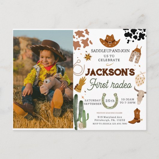 少年 私の初めてのロデオ写真カウボーイ1歳の誕生日 ポストカード (正面)