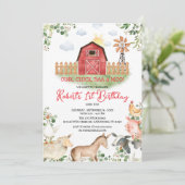 少年 農場 動物 牧場 赤 ギンガム 誕生日 招待状 (スタンド正面)