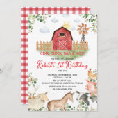 少年 農場 動物 牧場 赤 ギンガム 誕生日 招待状 (正面/裏面)