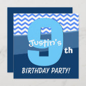 少年V06H2用9歳の誕生日ブルーパターン 招待状 (正面/裏面)
