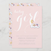 就寝乳児ガールシャワー赤面ピンクタイポグラフィ 招待状 (正面/裏面)