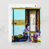 就寝前に煙草を吸う2人の芸者 ヴィンテージ日本 ポストカード (正面/裏面)