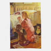 就寝前の祈り、子犬と少女、ヴィンテージ宗教 キッチンタオル (縦)