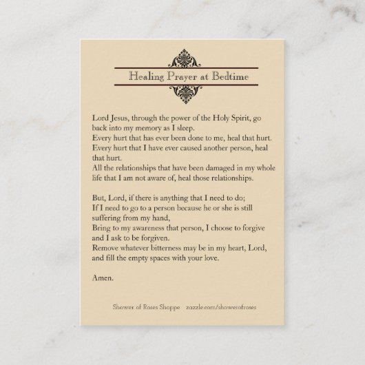 就寝時間の神聖なハートの神聖なカードの治療の祈りの言葉 名刺 (裏面)