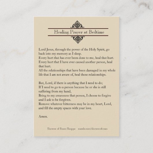 就寝時間の神聖なハートの神聖なカードの治療の祈りの言葉 名刺 (裏面)