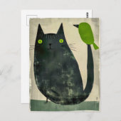 尾に緑の鳥がいる黒猫 ポストカード (正面/裏面)