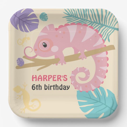 尾はかりで測の女の子の爬虫類誕生日 ペーパープレート (正面)