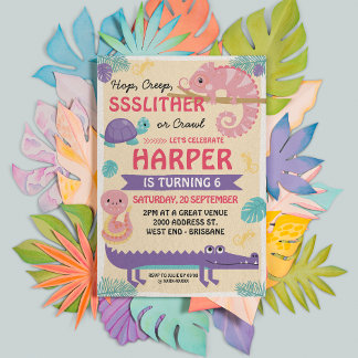 尾はかりで測の女の子の爬虫類誕生日 招待状