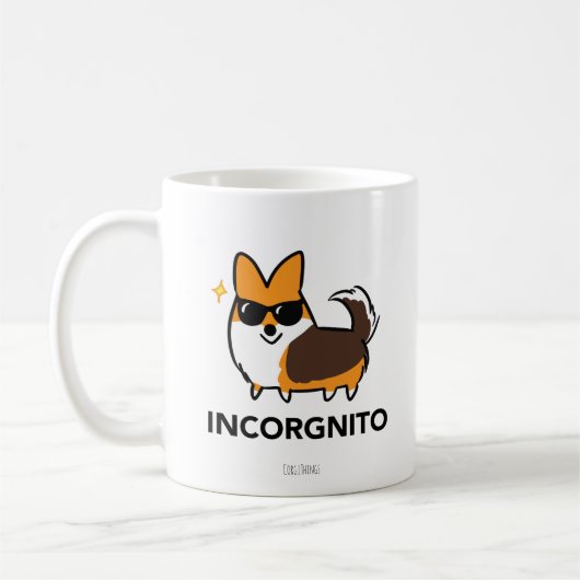 尾Incorgnitoのマグを持つ赤い三色のコーギー コーヒーマグカップ (左)
