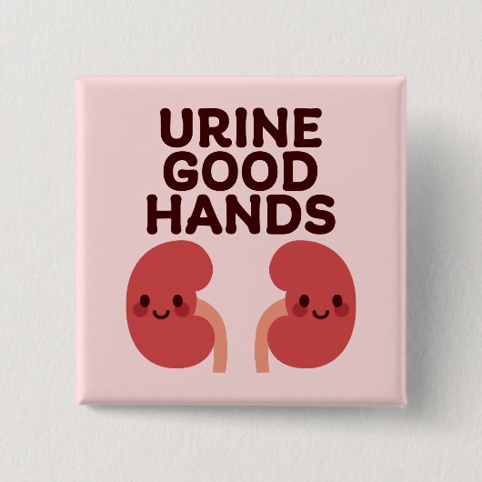 尿の良い手 – かわいい笑顔の腎臓デザイン 缶バッジ (正面)