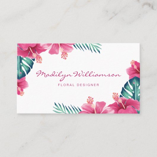 局所ピンクのハイビスカスフローラと葉の水色 名刺 (正面)
