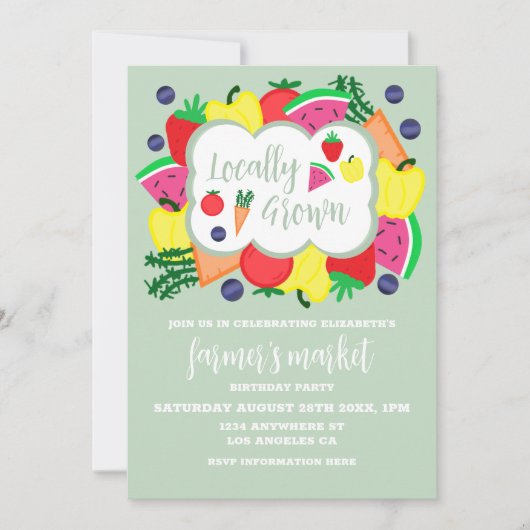 局所的に成長したファーマーズマーケット誕生日 招待状 (正面)