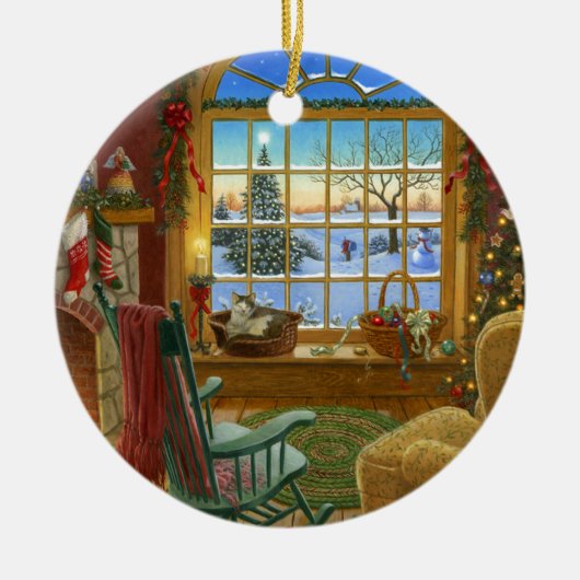 居心地のよい猫のクリスマス セラミックオーナメント (正面)