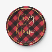 居心地のよく及び暖かい原稿|の赤いバッファローの格子縞のクリスマス ペーパープレート (正面)