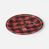 居心地のよく及び暖かい原稿|の赤いバッファローの格子縞のクリスマス ペーパープレート (アングル)