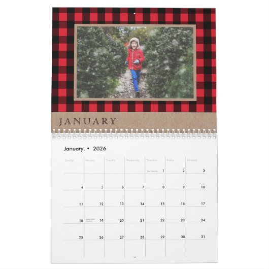 居心地のよく及び暖かい|赤いバッファローの格子縞のトナカイのモノグラム カレンダー (1月 2026)
