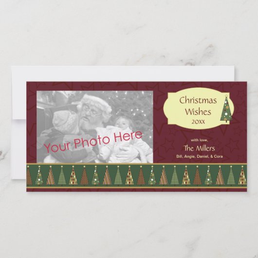 居心地のよく赤いおよび緑のクリスマスツリーの写真カード シーズンカード (正面)