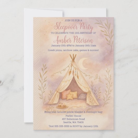 居心地のガーリー良いテントムーンアンドスターズボホバースデーパーティー 招待状 (正面)
