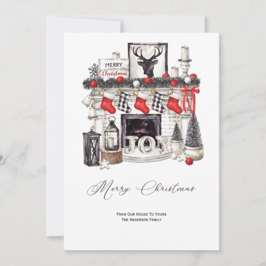 居心地の素朴良いクリスマスシーン暖炉ストッキング シーズンカード (正面)