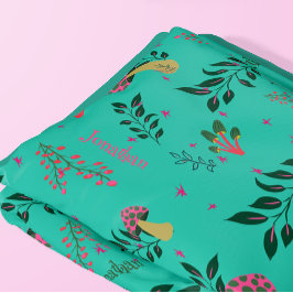 居心地の良いアクアグリーンマッシュルームと植物模様 フリースブランケット