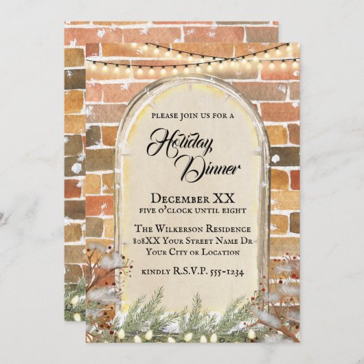 居心地の良いウォーターカラークリスマスウィンドウホリデーディナー 招待状 (正面/裏面)