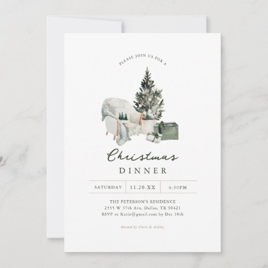 居心地の良いウォーターカラークリスマスディナーパーティー 招待状 (正面)