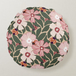 居心地の良いウッドランドラディバグ&ワイルドフラワー自然カラー ラウンドクッション