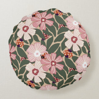 居心地の良いウッドランドラディバグ&ワイルドフラワー自然カラー ラウンドクッション