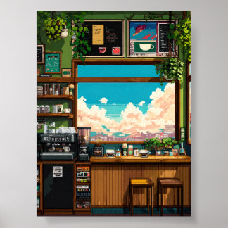 居心地の良いカフェの窓 ピクセルアート ポスター