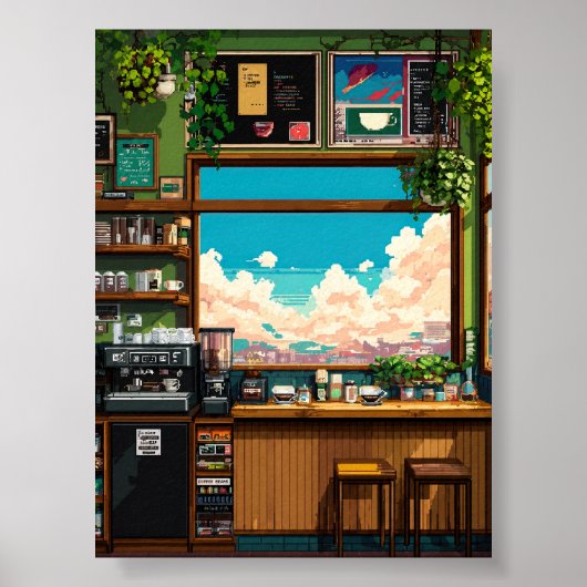 居心地の良いカフェの窓 ピクセルアート ポスター (正面)