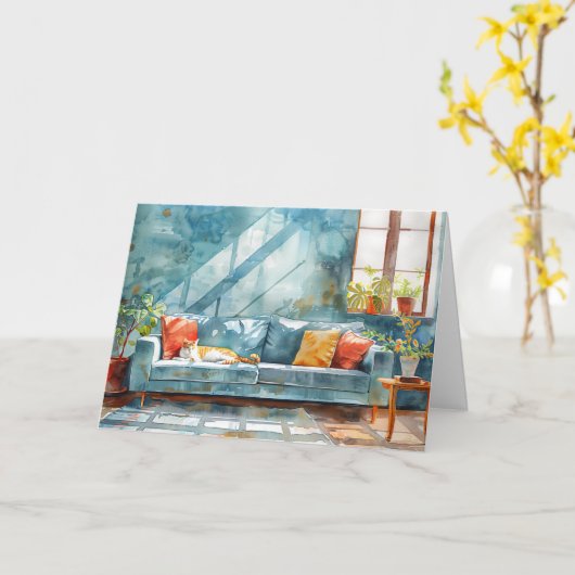 居心地の良いキャットホームハッピークロージングデイ実在エテート カード (黄色い花)