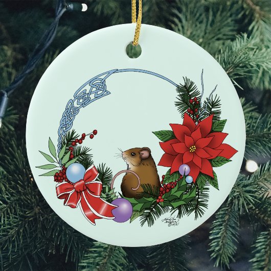 居心地の良いクリスマスのイラスト・ネズミのリース セラミックオーナメント