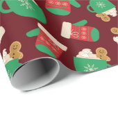 居心地の良いクリスマスグローブ&ジンジャーブレッドラテダークレッド ラッピングペーパー (ロールコーナー)