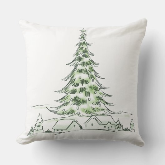 居心地の良いクリスマスツリーと家の冬の緑の白 クッション (正面)