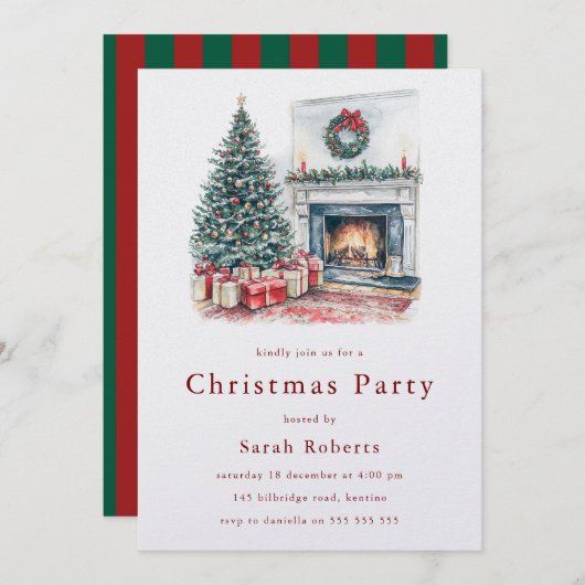 居心地の良いクリスマスツリー&暖炉クリスマスパーティー 招待状 (正面/裏面)