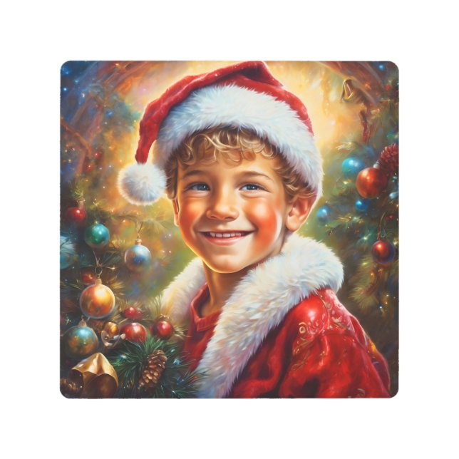 居心地の良いクリスマスニコニリングボーイサンタクロースホリデー メタルプリント (正面)