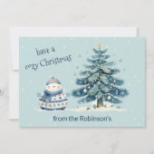 居心地の良いクリスマスファミリー雪だるまを持つ シーズンカード (正面)