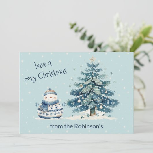 居心地の良いクリスマスファミリー雪だるまを持つ シーズンカード (スタンド正面)
