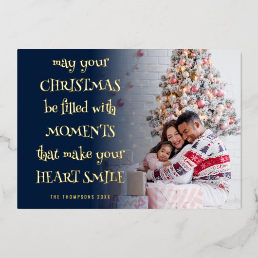 居心地の良いクリスマス引用文フォトオーバーレイ海軍 箔シーズンカード (正面)