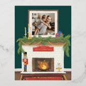 居心地の良いクリスマス暖炉イラストレーションと写真 箔シーズンポストカード (正面)