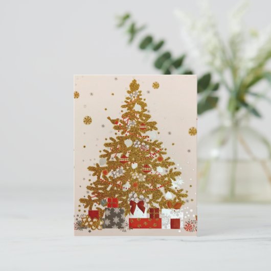 居心地の良いクリスマス金ゴールドキラキラしたツリープレゼント 案内ポストカード (スタンド正面)