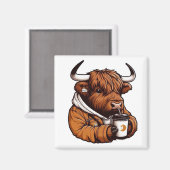 居心地の良いコーヒーを楽しむジャケットのハイランド牛 マグネット (正面/裏面)