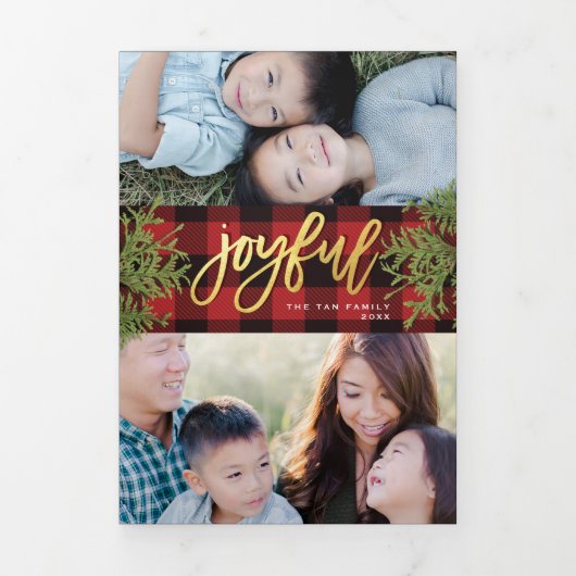 居心地の良いシックなレッドプレイド金ゴールドクリスマスフォトカード 三つ折り招待状 (カバー)