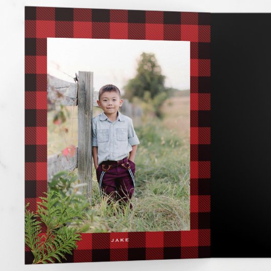 居心地の良いシックなレッドプレイド金ゴールドクリスマスフォトカード 三つ折り招待状 (内部最初)