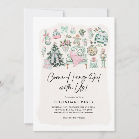 居心地の良いシノワセリーセージグリーンピンククリスマスパーティー 招待状 (正面)