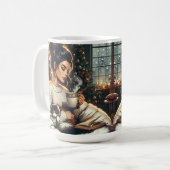 居心地の良いシーン | ココアを猫と一緒に飲む女性 コーヒーマグカップ (正面左)